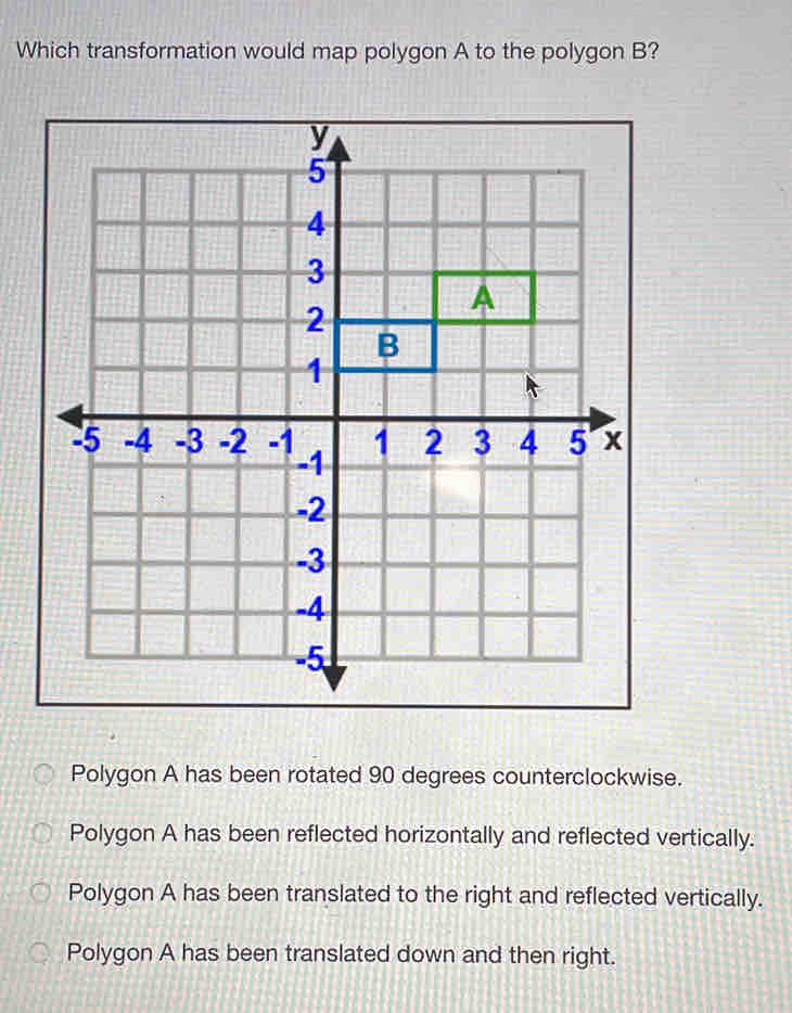 Which transformation would map polygon A to the polygon B?
Polygon A has been rotated 90 degrees counterclockwise.
Polygon A has been reflected horizontally and reflected vertically.
Polygon A has been translated to the right and reflected vertically.
Polygon A has been translated down and then right.