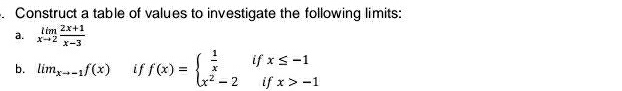 Construct a table of values to investigate the following limits:
a. limlimits _xto 2 (2x+1)/x-3 
b. lim_xto -1f(x) if f(x)=beginarrayl  1/x ifx≤ -1 x^2-2ifx>-1endarray.