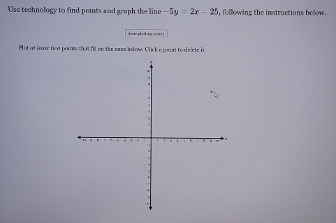 Use technology to find points and graph the line -5y=2x-25 , following the instructions below. 
done plotting points 
Plot at least two points that fit on the axes below, Click a point to delete it.