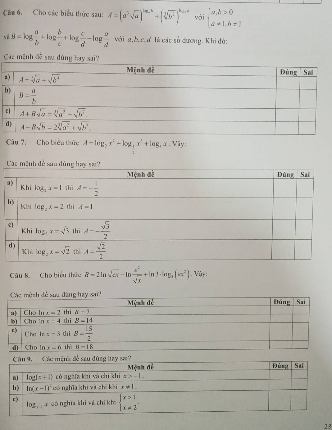 Cho các biều thức sau: A=(a^3sqrt(a))^log _ab+(sqrt[3](b^2))^log _ba với beginarrayl a,b>0 a!= 1,b!= 1endarray.
và B=log  a/b +log  b/c +log  c/d -log  a/d  với a,b,c,d là các số dương. Khi đó:
Các mệnh đề sau đúng hay sai?
Câu 7. Cho biểu thức A=log _2x^2+log _ 1/2 x^3+log _4x. Vậy 1
Câu 8. Cho biểu thức B=2ln sqrt(ex)-ln  e^2/sqrt(x) +ln 3· log _3(ex^2). Vậy:
23