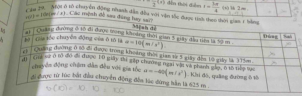 =frac 2(s) đến thời điểm t= 3π /4  (s) là 2m .
tô tô chuyển động nhanh dần đều với vận t
v(t)=10t(m/s). Các mệnh đề s
t
b