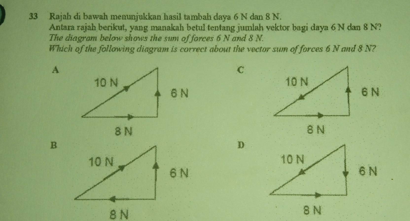 Rajah di bawah menunjukkan hasil tambah daya 6 N dan 8 N.
Antara rajah berikut, yang manakah betul tentang jumlah yektor bagi daya 6 N dan 8 N?
The diagram below shows the sum of forces 6 N and 8 N.
Which of the following diagram is correct about the vector sum of forces 6 N and 8 N?
A
C

B
D