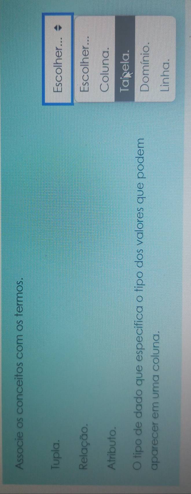 Associe os conceitos com os termos.
Tupla. Escolher...
Relação. Escolher...
Coluna.
Atributo.
Tanela.
O tipo de dado que específica o tipo dos valores que podem
Domínio.
aparecer em uma coluna. Linha.