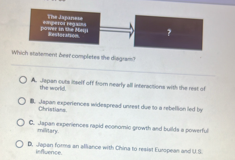 The Japanese
emperor regains
power in the Meiji
Restoration.
?
Which statement best completes the diagram?
A. Japan cuts itself off from nearly all interactions with the rest of
the world.
B. Japan experiences widespread unrest due to a rebellion led by
Christians.
C. Japan experiences rapid economic growth and builds a powerful
military.
D. Japan forms an alliance with China to resist European and U.S.
influence.