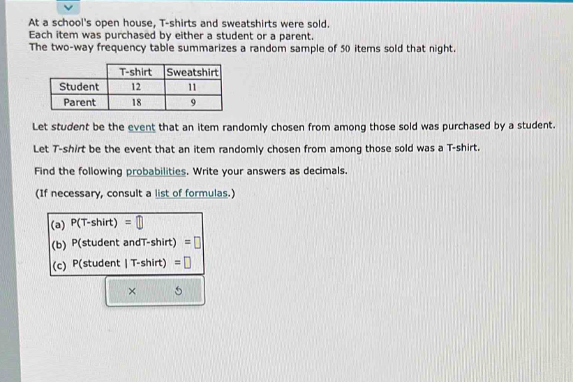 At a school's open house, T-shirts and sweatshirts were sold. 
Each item was purchased by either a student or a parent. 
The two-way frequency table summarizes a random sample of 50 items sold that night. 
Let student be the event that an item randomly chosen from among those sold was purchased by a student. 
Let T-shirt be the event that an item randomly chosen from among those sold was a T-shirt. 
Find the following probabilities. Write your answers as decimals. 
(If necessary, consult a list of formulas.) 
(a) P(T-shirt)=□
(b) P(student andT -shi rt) =□
(c) P(student |T-shirt =□ 
×