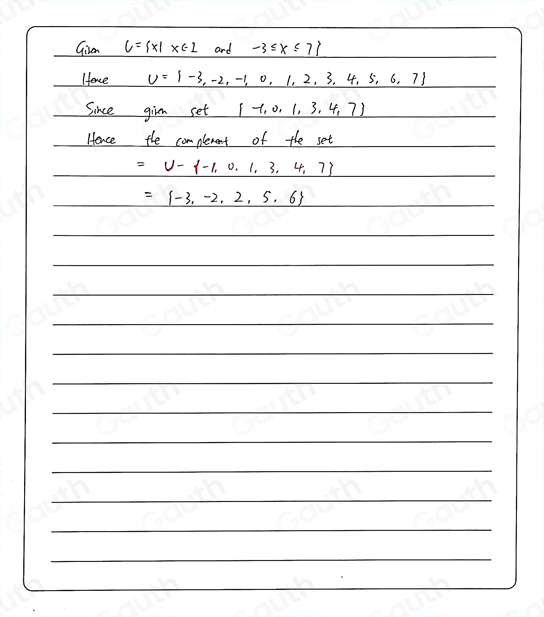 Solved: Find the complement of the set given that U= x|x∈ I and -3≤ x≤ ...