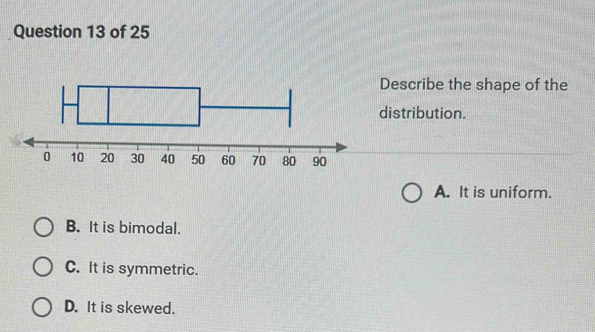 scribe the shape of the
tribution.
A. It is uniform.
B. It is bimodal.
C. It is symmetric.
D. It is skewed.