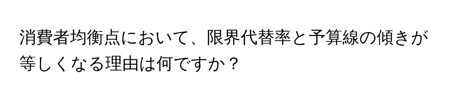 消費者均衡点において、限界代替率と予算線の傾きが等しくなる理由は何ですか？