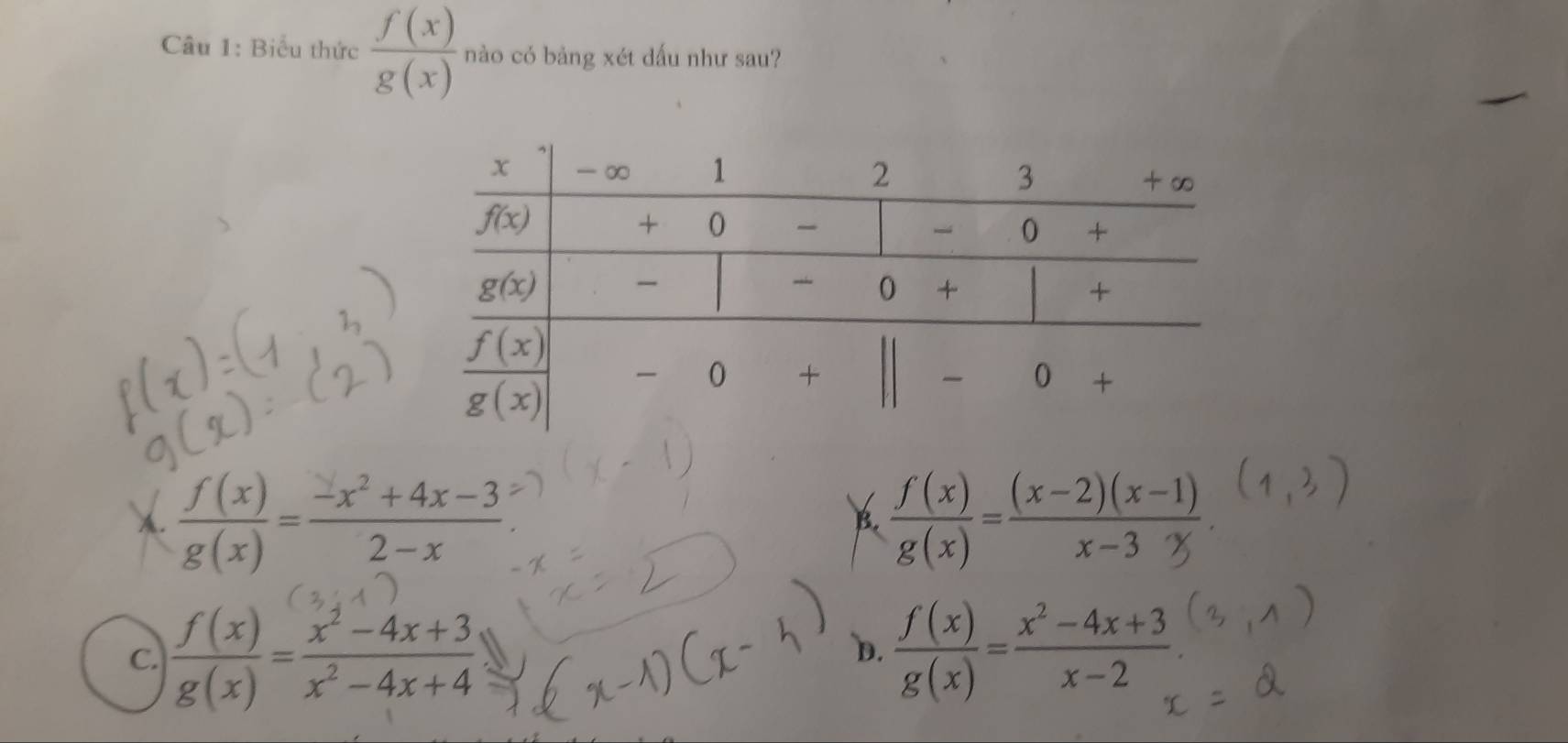 Biểu thức  f(x)/g(x)  nào có bảng xét dấu như sau?
X.  f(x)/g(x) = (-x^2+4x-3)/2-x 
B.
C.  f(x)/g(x) = (x^2-4x+3)/x^2-4x+4 
D.  f(x)/g(x) = (x^2-4x+3)/x-2 