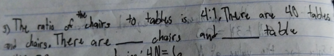 ) The ratio of chairs to tablus is 4:1 , There are 40 tables 
and chairs, There are _chairs and _table
4N=6