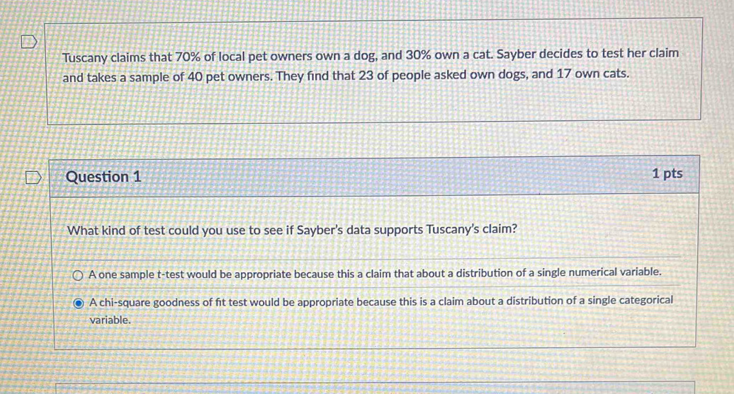 Tuscany claims that 70% of local pet owners own a dog, and 30% own a cat. Sayber decides to test her claim
and takes a sample of 40 pet owners. They find that 23 of people asked own dogs, and 17 own cats.
Question 1 1 pts
What kind of test could you use to see if Sayber's data supports Tuscany's claim?
A one sample t-test would be appropriate because this a claim that about a distribution of a single numerical variable.
A chi-square goodness of ft test would be appropriate because this is a claim about a distribution of a single categorical
variable.