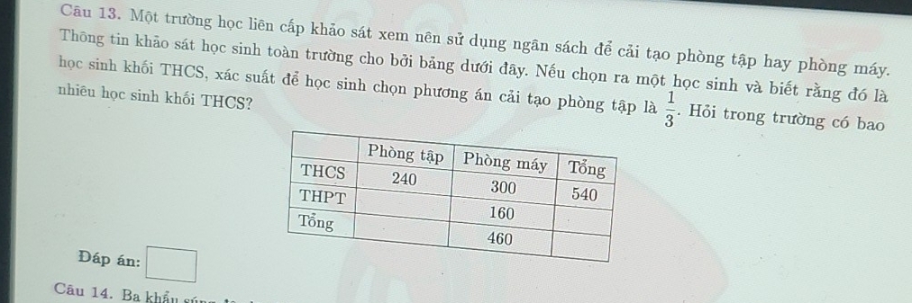 Một trường học liên cấp khảo sát xem nên sử dụng ngân sách để cải tạo phòng tập hay phòng máy. 
Thông tin khảo sát học sinh toàn trường cho bởi bảng dưới đây. Nếu chọn ra một học sinh và biết rằng đó là 
học sinh khối THCS, xác suất để học sinh chọn phương án cải tạo phòng tập là  1/3 . Hỏi trong trường có bao 
nhiêu học sinh khối THCS? 
Đáp án: □ 
Câu 14. Ba khẩu sún