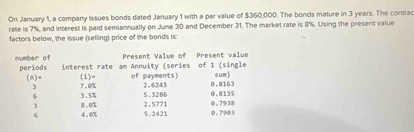 On January 1, a company issues bonds dated January 1 with a par value of $360,000. The bonds mature in 3 years. The contrac 
rate is 7%, and interest is paid semiannually on June 30 and December 31. The market rate is 8%. Using the present value 
factors below, the issue (selling) price of the bonds is: 
number of Present Value of Present value 
periods interest rate an Annuity (series of 1 (single 
(n)= (i)= of payments) sum) 
3 7.0% 2.6243 0.8163
6 3.5% 5.3286 0.8135
3 8.0% 2.5771 0.7938
6 4.0% 5.2421 0.7903