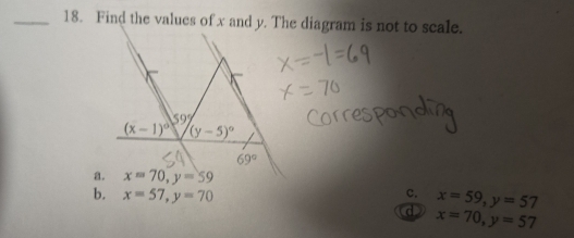 a. x=70,y=59
b. x=57,y=70 c. x=59,y=57
d x=70,y=57