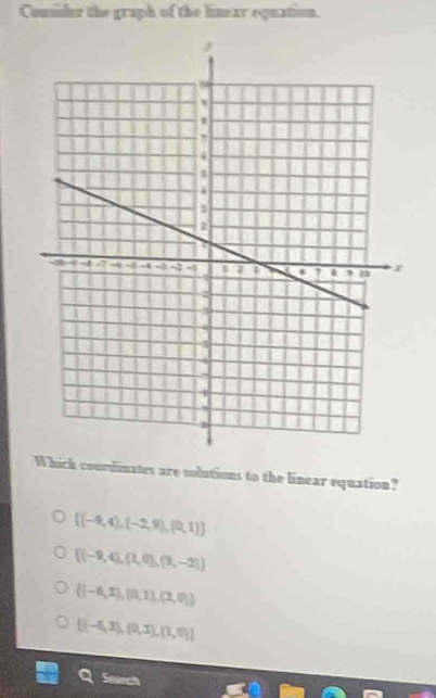 Consider the graph of the linear equation.
Which courdinates are solutions to the linear equation?
[(-9,4),(-2,9),(9,1)]
 (-9,4),(1,0),(9,-3)
 (-6,2),(8,1),(3,0)
 (-4,3),(0,3),(1,0)