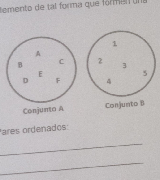 lemento de tal forma que formen una 
1 
A 
B 
C
2 3
E
5
D F
4
Conjunto A Conjunto B 
Pares ordenados: 
_ 
_