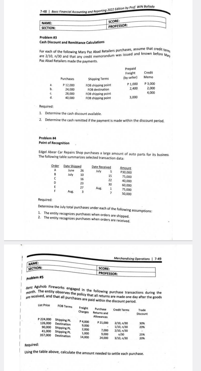 Ballada 
Problem #3 
Cash Discount and Remittance Calculations 
For each of the following Mary Paz Abad Retailers purchases, assume that credit term 
are 2/10, n/30 and that any credit memorandum was issued and known before Man 
Paz Abad Retailers made the payments. 
Prepaid 
Freight Credit 
Purchases Shipping Terms (by seller) Memo 
a. P 12,000 FOB shipping point P 1,000 P 3,000
b. 24,000 FOB destination 2,400 2,000
C. 28,000 FOB shipping point 4,000
d. 40,000 FOB shipping point 3,000
Required: 
1. Determine the cash discount available. 
2. Determine the cash remitted if the payment is made within the discount period. 
Problem #4 
Point of Recognition 
Edgel Abear Car Repairs Shop purchases a large amount of auto parts for its business. 
The following table summarizes selected transaction data: 
Required: 
Determine the July total purchases under each of the following assumptions: 
1. The entity recognizes purchases when orders are shipped. 
2. The entity recognizes purchases when orders are received. 
Merchandising Operations | 7-49 
NAME: 
SECTION: SCORE: 
PROFESSOR 
Problem #5 
Renz Aguhob Fireworks engaged in the following purchase transactions during the
month. The entity observes the policy that all returns are made one day after the goods 
are received, and that all purchases are paid within the 
Required: 
Using the table above, calculate the amount needed to settle each purchase.