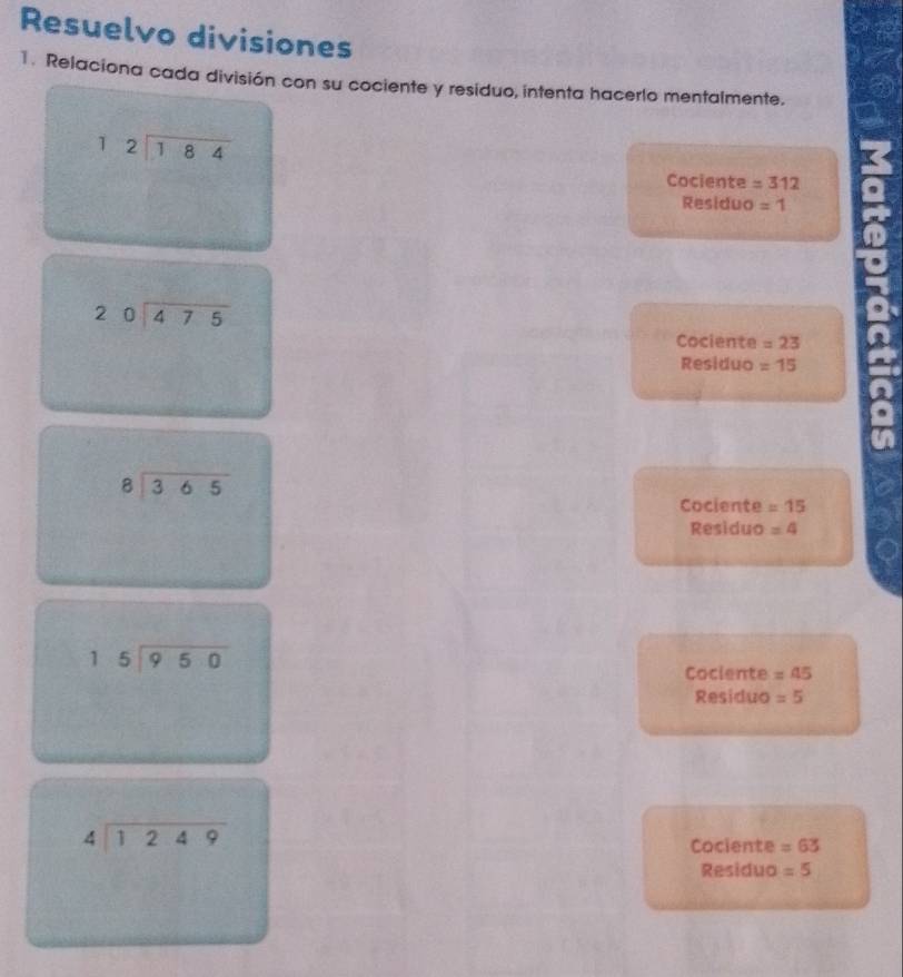 Resuelvo divisiones
1. Relaciona cada división con su cociente y residuo, intenta hacerlo mentalmente.
beginarrayr 12encloselongdiv 184endarray
Cociente =312
Residuo =1
beginarrayr 20encloselongdiv 475endarray
Cociente =23
Residuo =15
beginarrayr 8encloselongdiv 365endarray
Cociente =15
Residuo =4
beginarrayr 15encloselongdiv 950endarray
Cociente =45
Residuo =5
beginarrayr 4encloselongdiv 1249endarray
Cociente =63
Residuo =5