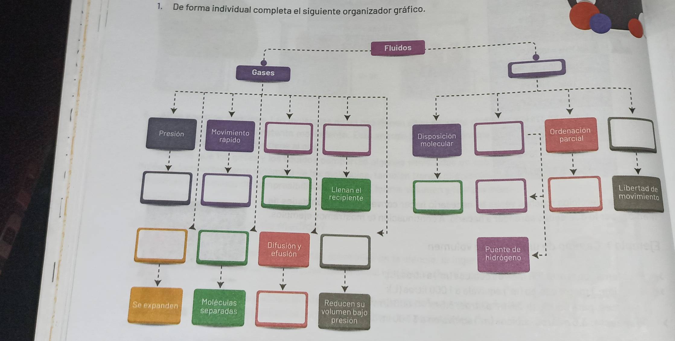 De forma individual completa el siguiente organizador gráfico. 
Fluidos