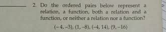 Do the ordered pairs below represent a 
relation, a function, both a relation and a 
function, or neither a relation nor a function?
(-4,-3),(1,-8),(-4,14),(9,-16)