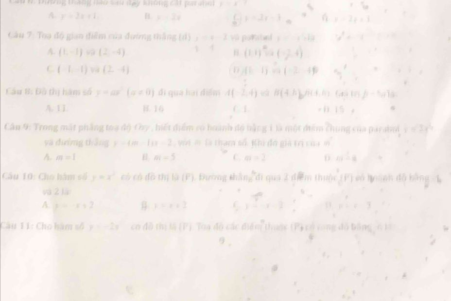 to Dưng thng to và tey khững cai gai y=x^(-1) f
A. y=2x+1. x=3x y=3x-1a 9 y=2y+3
Cầu 7: Toạ độ gian điểm của đường thắng 21y y=4-2 và palrbní y=-x^2+k 3x^2+x=0
4
A. (1,-1) (2,-4) B (11)^ 4/3  (-2,4)  1/x =frac x
C. (-1,-1) (2,-4) D (1,1) n(-2,-4) 5 1/3 
Câu 8: Độ thị hàm số y=ax(a!= 0) đi qua hai điểm A(-2,4) B(4,h),(H,h) (A,B) h+ha1l_k
A. 1 1. B. 16 C 1 =13.15
Cầu 9: Trong mất phẳng toạ độ Oy, hiết điểm có hoành đó bằng 1 là một điểm chung của parabol y=2x^2
và đường thắng y=6m-1m=2 với m là tham số Khi đó gia trị của m
A m=1
m=5
C. m=2 0 m-8
Câu 10: Cho hàm số y=x^2 có có đô thị là (P). Đường thắng đi qua 2 điểm thuộc (P) có hoành đô bằng - 1
và 2 là +
A. y=-x+2 k=n+2 C ∴ -x=2 p=c-3
Câu 11: Cho hàm số y=-2x co đề t □ (B|F|) Toa độ các điểm thuộc (P) có vong độ bằng - 6 1à