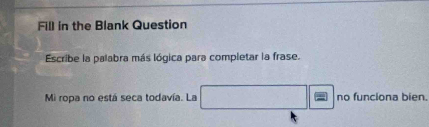 Fill in the Blank Question 
Escribe la palabra más lógica para completar la frase. 
Mi ropa no está seca todavía. La □ □ no funclona bien.