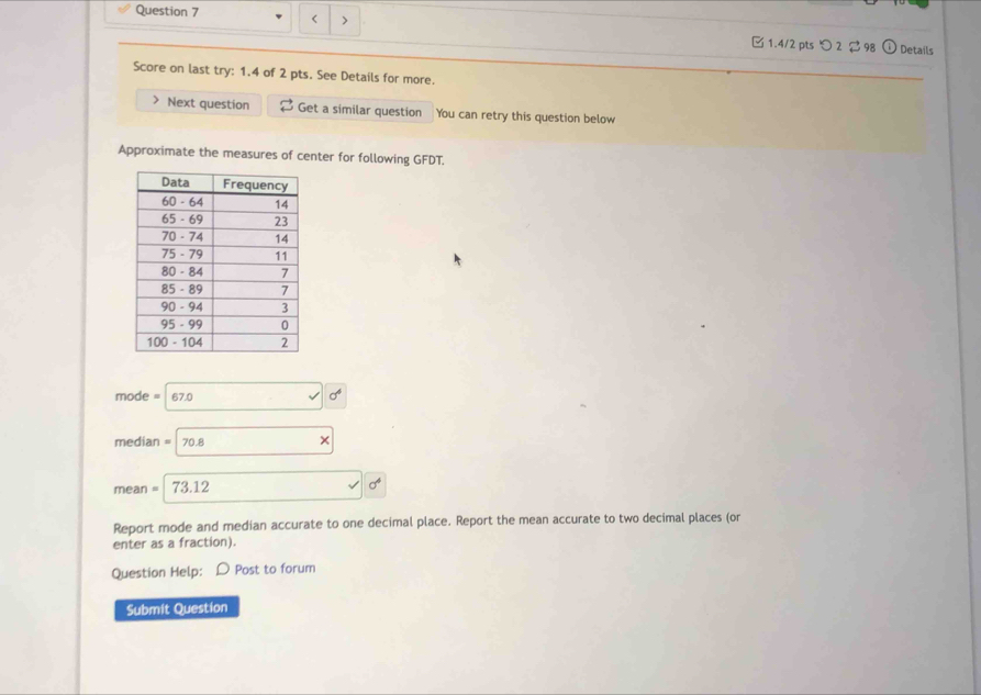 < > 
□ 1.4/2 pts つ 2 $ 98 Details 
Score on last try: 1.4 of 2 pts. See Details for more. 
Next question Get a similar question You can retry this question below 
Approximate the measures of center for following GFDT.
mode = 67.0
median 70 8
mean 31°
Report mode and median accurate to one decimal place. Report the mean accurate to two decimal places (or 
enter as a fraction). 
Question Help: D Post to forum 
Submit Question