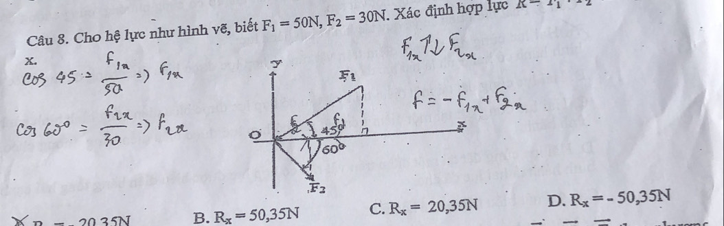 Cho hệ lực như hình vẽ, biết F_1=50N,F_2=30N Xác định hợp lực R=1'_1· 2
x.
SN B. R_x=50,35N C. R_x=20,35N D. R_x=-50,35N