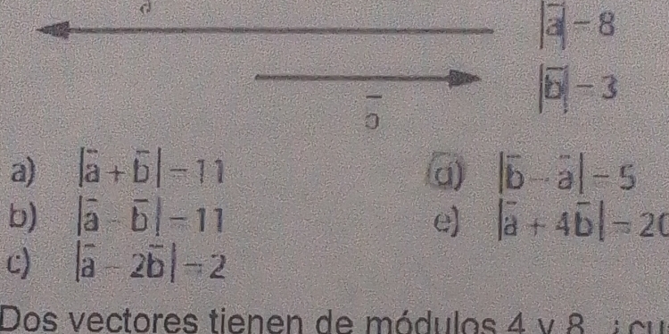 |a|-8
frac 3
|overline b|-3
a) |overline a+overline b|-11 a) |vector b-vector a|-5
b) |overline a-overline b|-11 e) |vector a+4vector b|=20
c) |overline a-2overline b|-2
Dos vectores tienen de módulos 4 v 8 cu