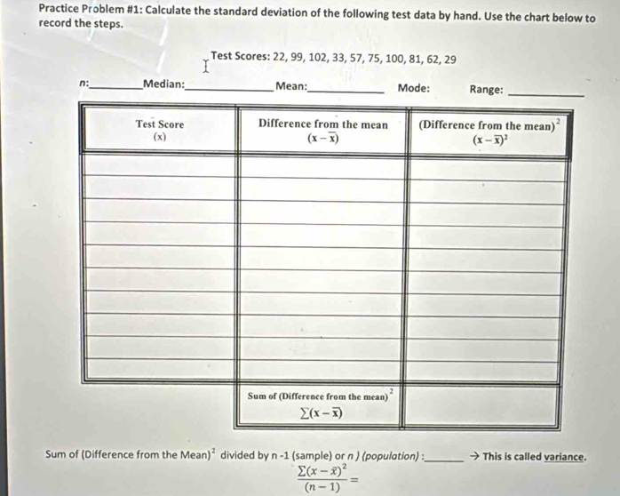 Practice Problem #1: Calculate the standard deviation of the following test data by hand. Use the chart below to
record the steps.
Test Scores: 22, 99, 102, 33, 57, 75, 100, 81, 62, 29
n:_ Median:_ Mean:_ Mode: Range:
Sum of (Difference from the Mean)^2 divided by n-1 (sample) or n ) (population) :_ → This is called variance.
frac sumlimits (x-overline x)^2(n-1)=