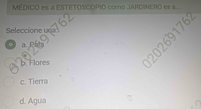 MÉDICO es a ESTETOSCOPIO como JARDINERO es a...
762
Seleccione una:
a. Pala
269
b. Flores
c. Tierra
d. Agua