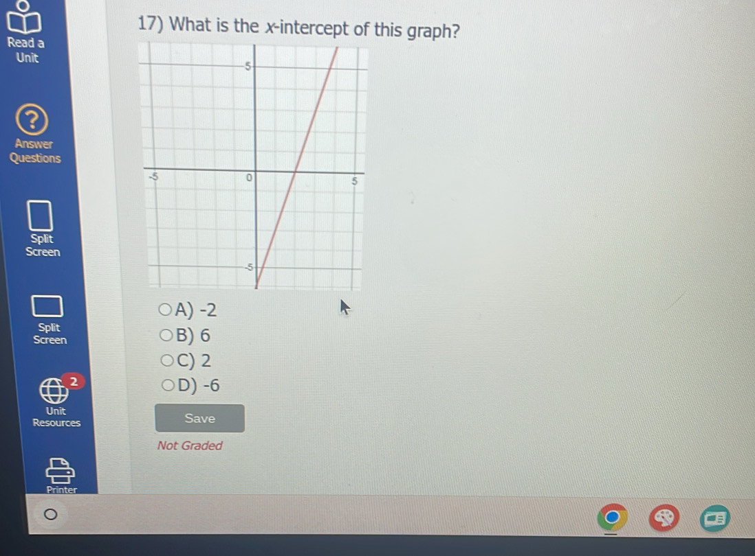 What is the x-intercept of this graph?
Read a
Unit
a
Answer
Questions
Split
Screen
A) -2
Split
Screen B) 6
C) 2
2 D) -6
Unit
Resources Save
Not Graded
Printer