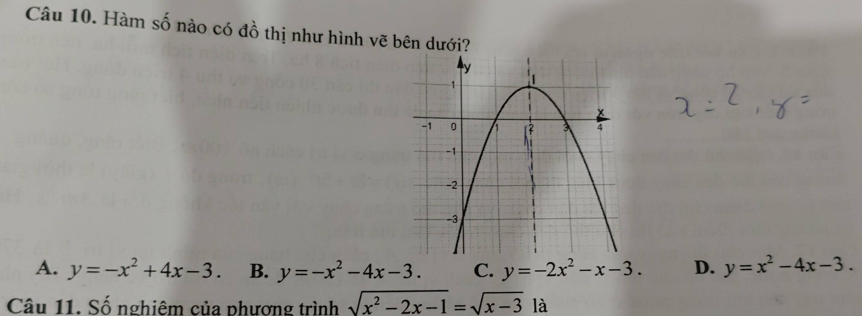 Hàm số nào có đồ thị như hình vẽ bên dưới?
A. y=-x^2+4x-3. B. y=-x^2-4x-3. C. y=-2x^2-x-3. D. y=x^2-4x-3. 
Câu 11. Số nghiêm của phương trình sqrt(x^2-2x-1)=sqrt(x-3) là