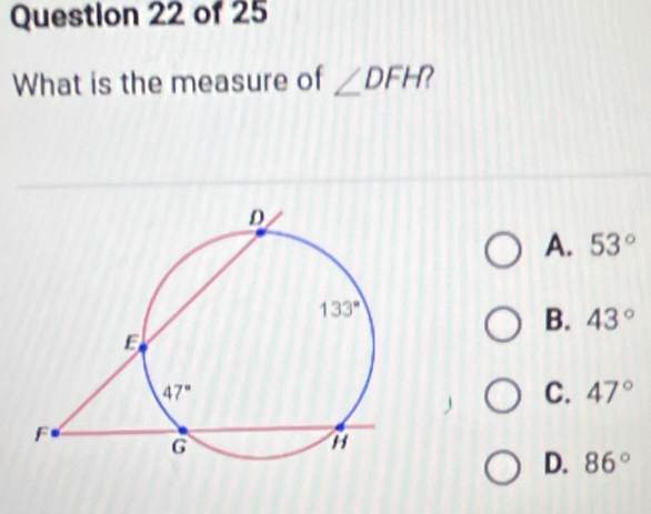 What is the measure of ∠ DFH 2
A. 53°
B. 43°
C. 47°
D. 86°