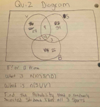 Qui2 Diagram 
B? or B prime 
What is n(V∩ S∩ B)
What is n(s∪ V)
Find the Probability that a cuncamly 
seccected Student likes all 3 Sports