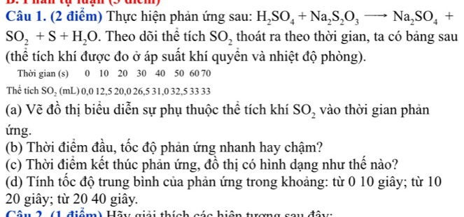 Thực hiện phản ứng sau: H_2SO_4+Na_2S_2O_3to Na_2SO_4+
SO_2+S+H_2O. Theo dõi thể tích SO_2 thoát ra theo thời gian, ta có bảng sau 
(thể tích khí được đo ở áp suất khí quyền và nhiệt độ phòng). 
Thời gian (s) 0 10 20 30 40 50 60 70
Thể tích SO_2 (m L ) 0, 012.5 20, 0 26, 5 31, 0 32, 5 33 33
(a) Vẽ đồ thị biểu diễn sự phụ thuộc thể tích khí SO_2 vào thời gian phản 
ứng. 
(b) Thời điểm đầu, tốc độ phản ứng nhanh hay chậm? 
(c) Thời điểm kết thúc phản ứng, đồ thị có hình dạng như thế nào? 
(d) Tính tốc độ trung bình của phản ứng trong khoảng: từ 0 10 giây; từ 10
20 giây; từ 20 40 giây. 
Câu 2 (1 điểm) Hãy giải thích các hiện tợng sau đây