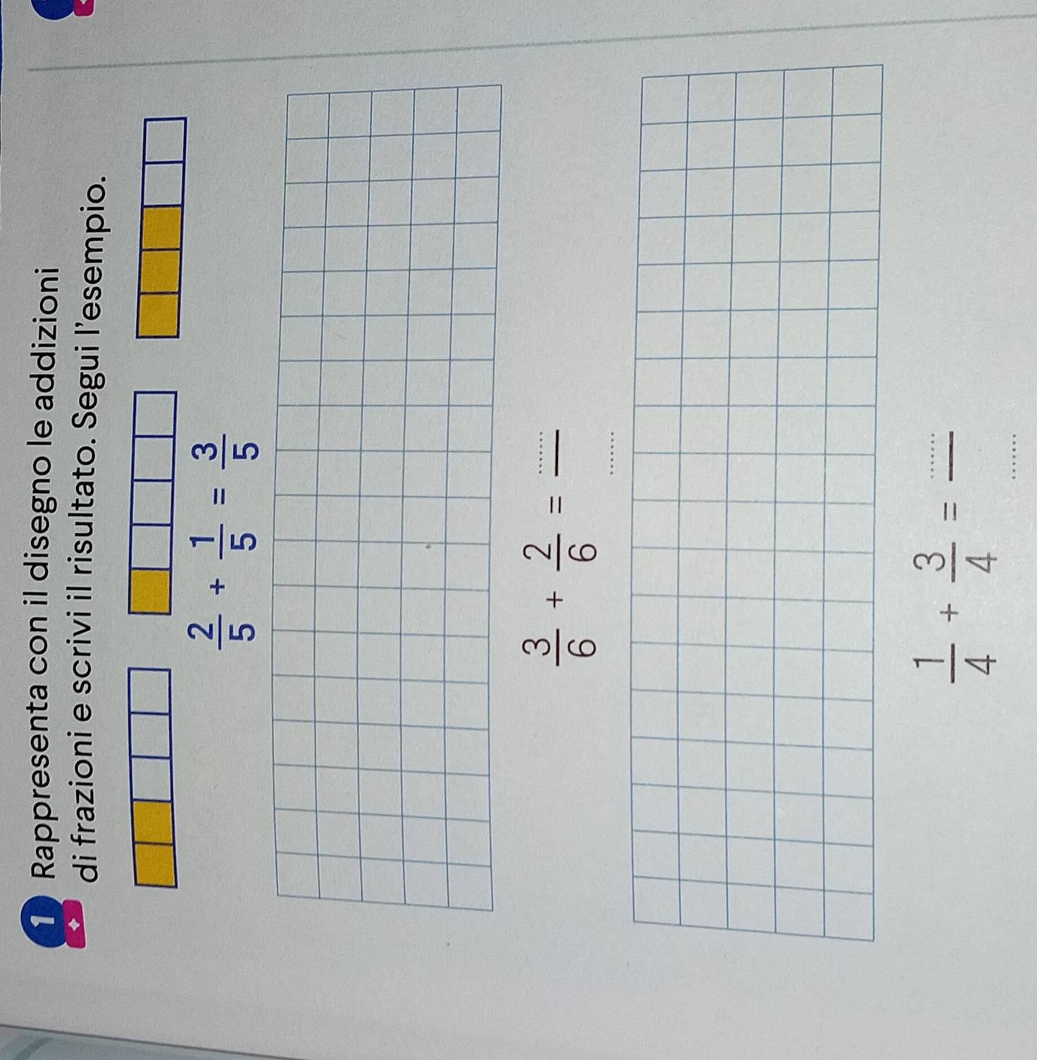 Rappresenta con il disegno le addizioni 
di frazioni e scrivi il risultato. Segui l’esempio.
 2/5 + 1/5 = 3/5 
_  3/6 + 2/6 =frac ·s 
_ 
_  1/4 + 3/4 =