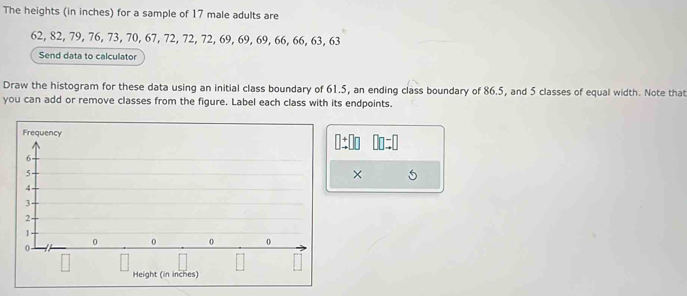 The heights (in inches) for a sample of 17 male adults are
62, 82, 79, 76, 73, 70, 67, 72, 72, 72, 69, 69, 69, 66, 66, 63, 63
Send data to calculator 
Draw the histogram for these data using an initial class boundary of 61.5, an ending class boundary of 86.5, and 5 classes of equal width. Note that 
you can add or remove classes from the figure. Label each class with its endpoints. 
× S