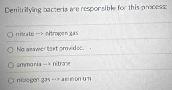 Denitrifying bacteria are responsible for this process:
nitrate --> nitrogen gas
No answer text provided.
ammonia --> nitrate
nitrogen gas --> ammonium