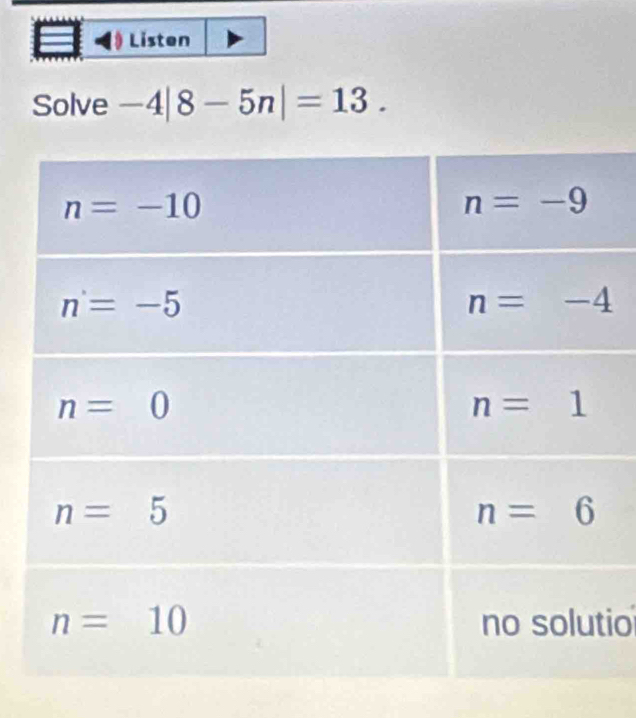 Listen
Solve -4|8-5n|=13.
io