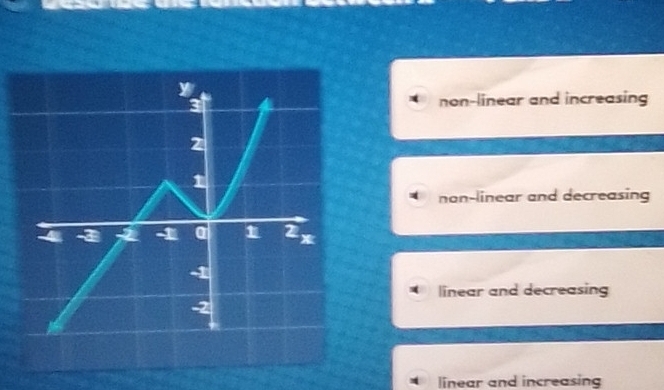 non-linear and increasing
non-linear and decreasing
linear and decreasing
linear and increasing