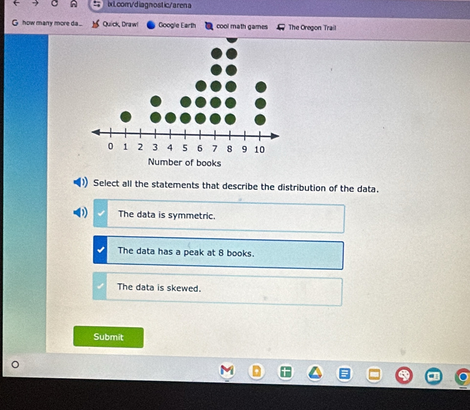 how many more d. Quick, Draw! Google Earth cool math games The Oregon Trail
Select all the statements that describe the distribution of the data.
The data is symmetric.
The data has a peak at 8 books.
The data is skewed.
Submit