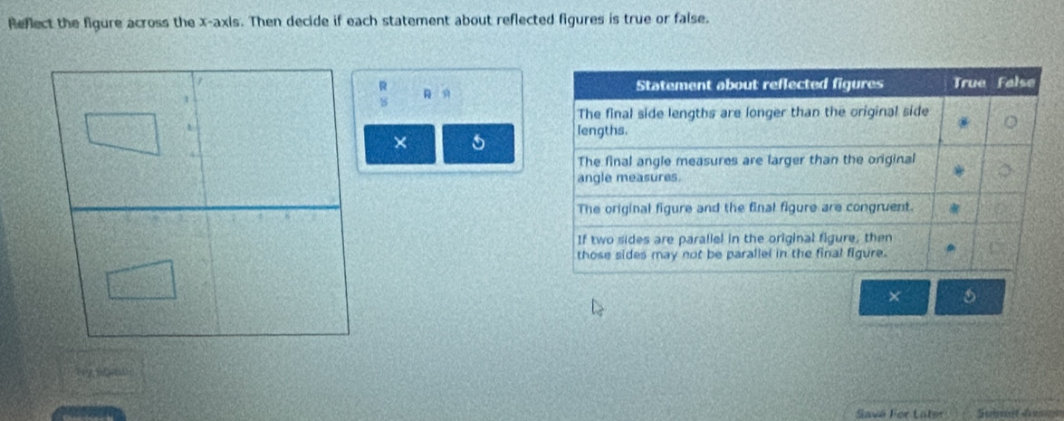 Reflect the figure across the x-axis. Then decide if each statement about reflected figures is true or false. 


× 5
× 
Savé For Later Baba d