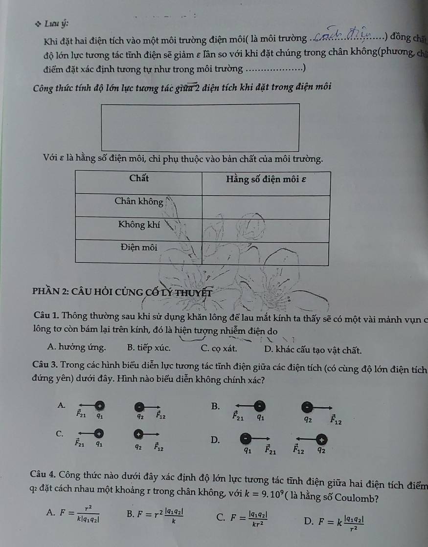 Lưu ý:
Khi đặt hai điện tích vào một môi trường điện môi( là môi trường ...
. .) đồng chất
lộ lớn lực tương tác tĩnh điện sẽ giảm ε lần so với khi đặt chúng trong chân không(phương, chỉ
điểm đặt xác định tương tự như trong môi trường _............... )
Công thức tính độ lớn lực tương tác giữa 2 điện tích khi đặt trong điện môi
Với ε là hằng số điện môi, chỉ phụ thuộc vào bản chất của môi trường.
Phần 2: CâU Hỏi CủnG Cố lý thuyệt
Câu 1. Thông thường sau khi sử dụng khăn lông để lau mắt kính ta thấy sẽ có một vài mảnh vụn c
lông tơ còn bám lại trên kính, đó là hiện tượng nhiễm điện do
A. hưởng ứng. B. tiếp xúc. C. cọ xát. D. khác cấu tạo vật chất.
Câu 3. Trong các hình biểu diễn lực tương tác tĩnh điện giữa các điện tích (có cùng độ lớn điện tích
đứng yên) dưới đây. Hình nào biểu diễn không chính xác?
A.
B.
vector F_21 q_1 92 vector F_12 vector F_21 q1 92 vector F_12
C.
vector F_21 q_1 q_2 vector F_12
D.
q_1 vector F_21 vector F_12 q_2
Câu 4. Công thức nào dưới đây xác định độ lớn lực tương tác tĩnh điện giữa hai điện tích điểm
q2 đặt cách nhau một khoảng r trong chân không, với k=9.10^9 ( là hằng số Coulomb?
A. F=frac r^2k|q_1q_2| B. F=r^2frac |q_1q_2|k C. F=frac |q_1q_2|kr^2 D. F=kfrac |q_1q_2|r^2