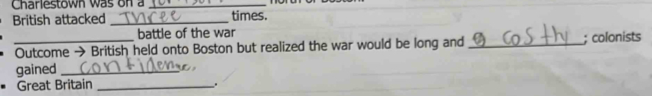 Charlestown was on a 
_ 
British attacked _times. 
battle of the war 
_Outcome → British held onto Boston but realized the war would be long and_ 
gained _; colonists 
Great Britain_ 
.