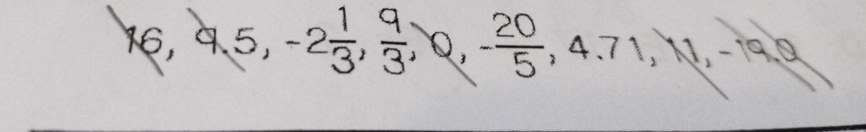 16, 9, 5, -2 1/3 ,  9/3 , 0, - 20/5 , 4.71, 11, -19.0