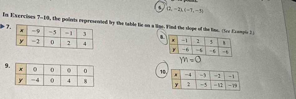 pomts. 
6. (2,-2), (-7,-5)
In Exercises 7-10, the points represented by the table lie on a line. Find the slope of the line. (See Example 2.) 
7 
8 

9 
10