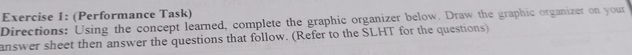 (Performance Task) 
Directions: Using the concept learned, complete the graphic organizer below. Draw the graphic organizer on your 
answer sheet then answer the questions that follow. (Refer to the SLHT for the questions)