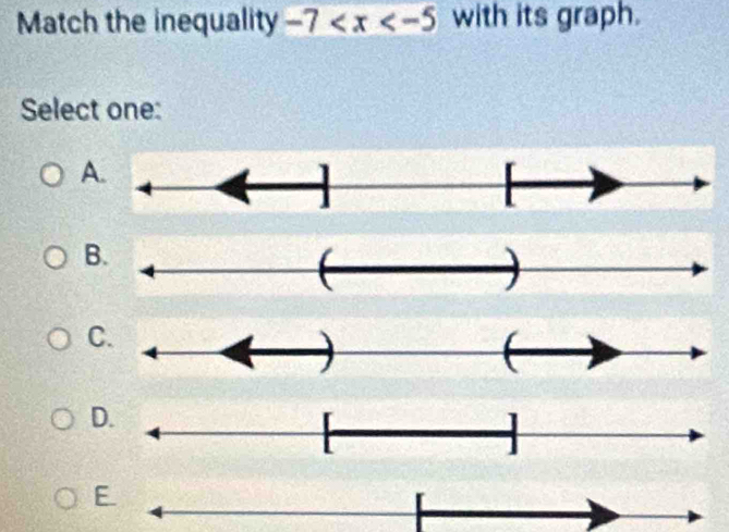 Match the inequality -7 with its graph. 
Select one: 
B. 
C. 
D. 
E