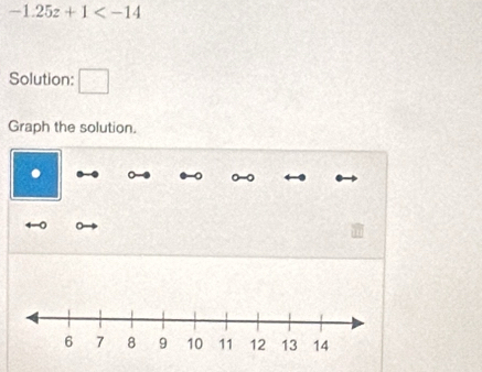 -1.25z+1
Solution: □ 
Graph the solution.